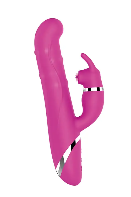 Silikonski vibrator s jezikom za stimulacijom klitorisa u pink boji. Rotirajući biseri ispod površine samog vibratora. Zakrivljen vrh za stimulaciju g-točke.