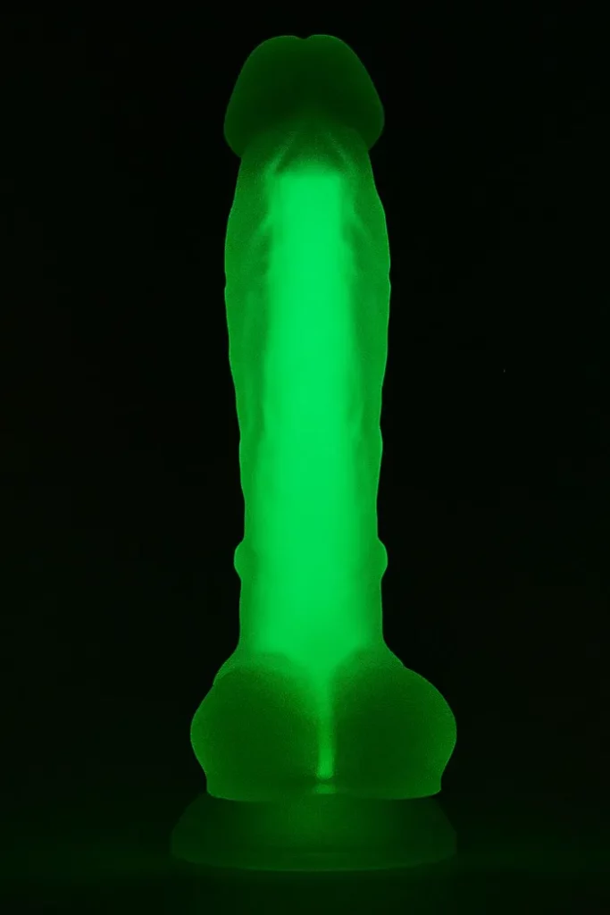 Flourecentni dildo koji svijetli u mraku zelenom bojom. Dildo je poluprozirne boje.