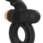 Crni vibrirajući prsten sa zlatnim vibratorom i zečićom i strukturom u obliku kruga za stimulaciju klitorisa. Dva prstena za penis i testise koji osiguravaju stabilnost.
