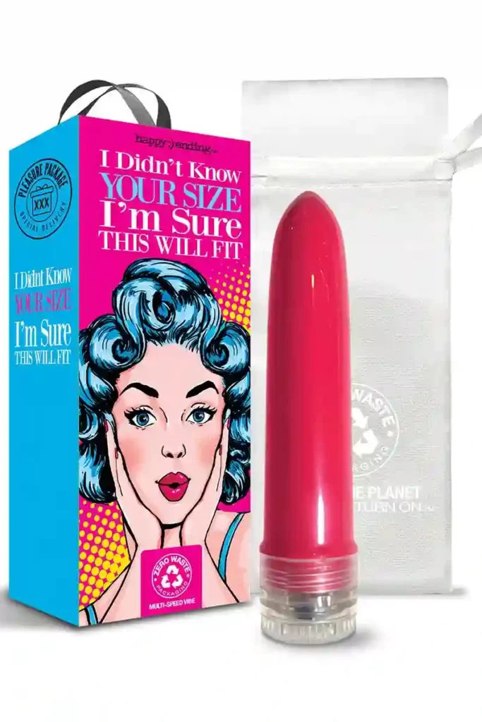 Crveni mini vibrator s porukom “I'm Sure This Will Fit” u poklon pakiranju