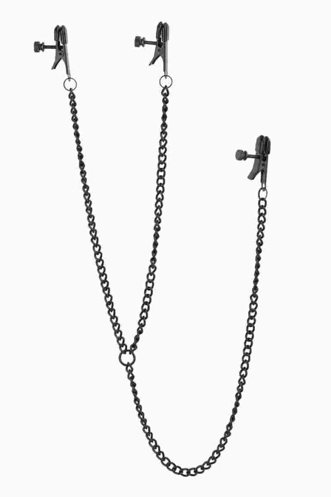Blaze Deluxe štipaljke za bradavice i klitoris crne metalne podesive nipple štipaljke s lancima i PVC zaštitom BDSM dodatak