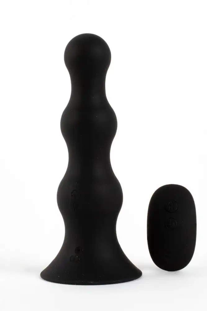 Silikonski vibro plug na napuhavanje s daljinskim upravljačem, crni unisex model s podesivim promjerom od 3,5 do 10 cm, vibracijama i prianjajućom bazom.