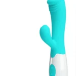 Turquoise silikonski duo vibrator s 30 vibracija, umetljivom dužinom 9,5 cm, promjerom 3,2 cm i tirkiznim dizajnom