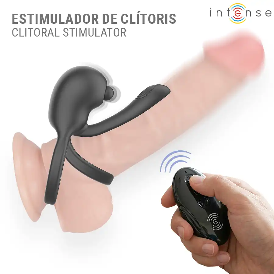 Intense Spike crni vibrirajući prsten za penis s dvostrukim prstenom, daljinskim upravljačem i originalnim pakiranjem.
